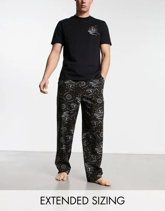 pajama set with t-shirt and pants in black with space print