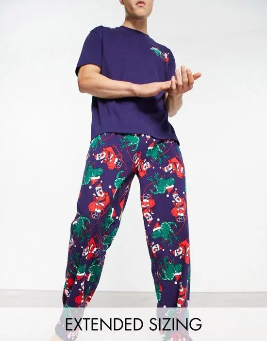 pajama set with t-shirt and pants in navy with Christmas dinosaur print