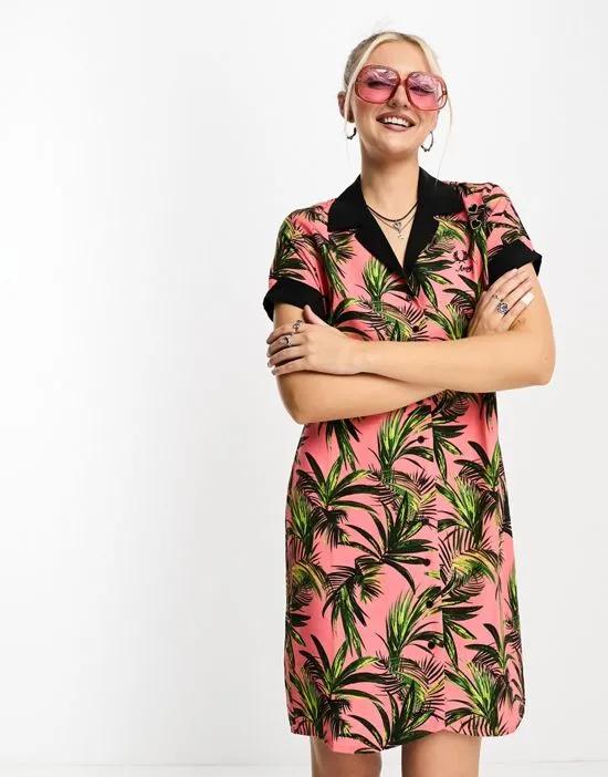 palm print shirt dress in coral heat