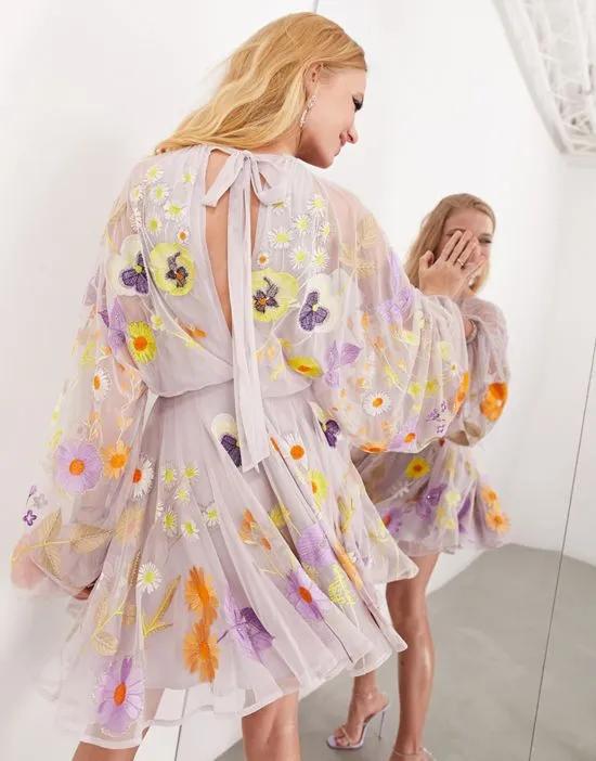 pansy embroidered and beaded mesh mini dress in lilac