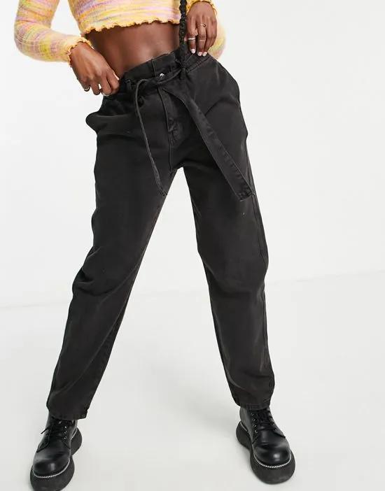 paper bag waist jeans in washed black