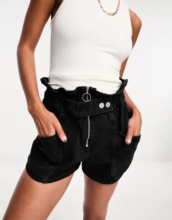 paperbag denim shorts with seam detail in black