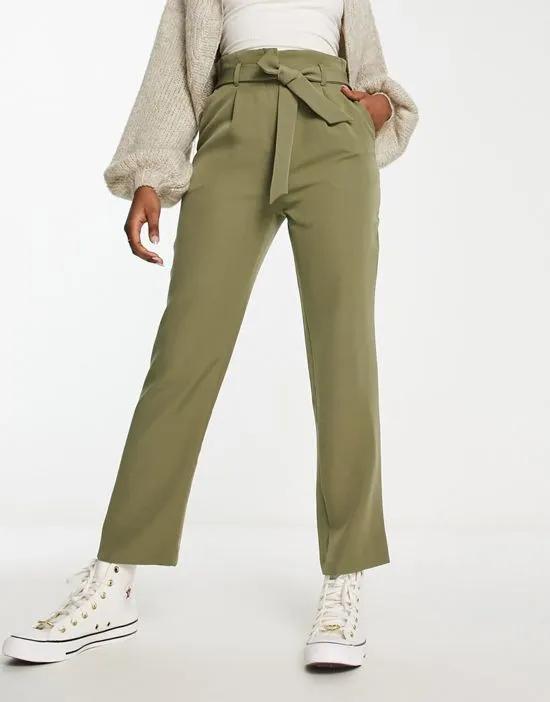 paperbag tie waist straight leg pants in khaki