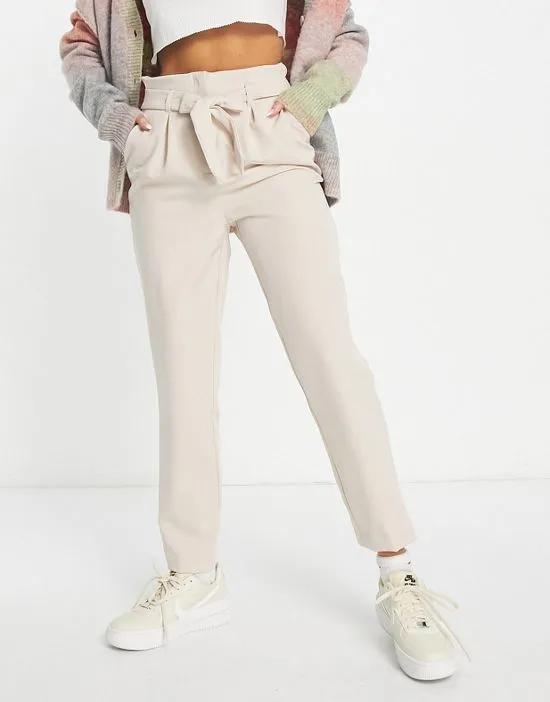paperbag tie waist straight leg pants in stone