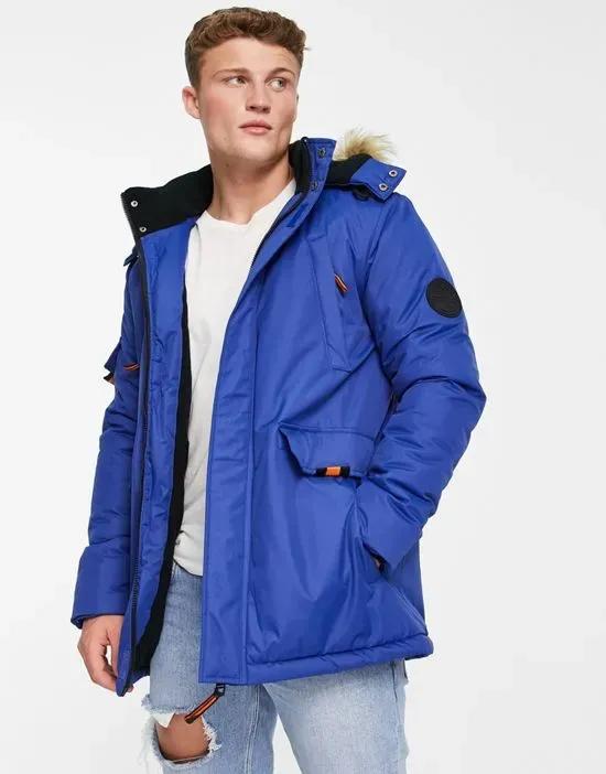 parka jacket with faux fur hood in blue
