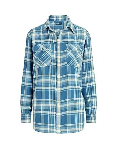 Pastel blue Checked shirt PLAID COTTON TWILL HIGH-LOW SHIRT
