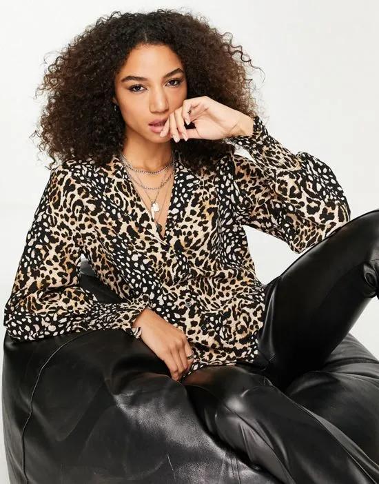 patched animal blouse in camel