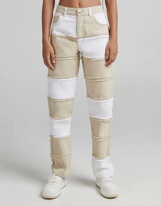 patchwork detail pants in beige and white