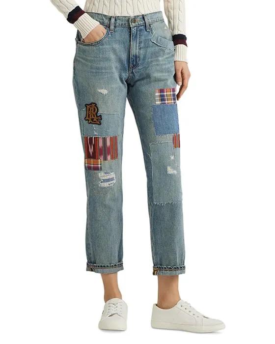 Patchwork High Rise Ankle Tapered Jeans in Blue
