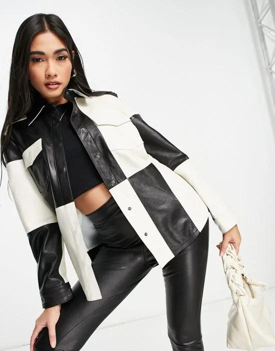 patchwork leather overshirt jacket in mono