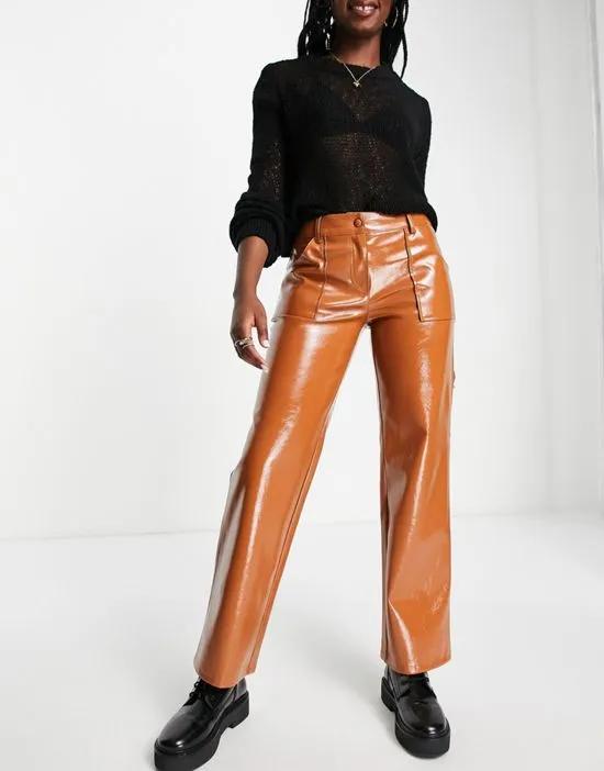 patent mid rise straight leg pants in brown