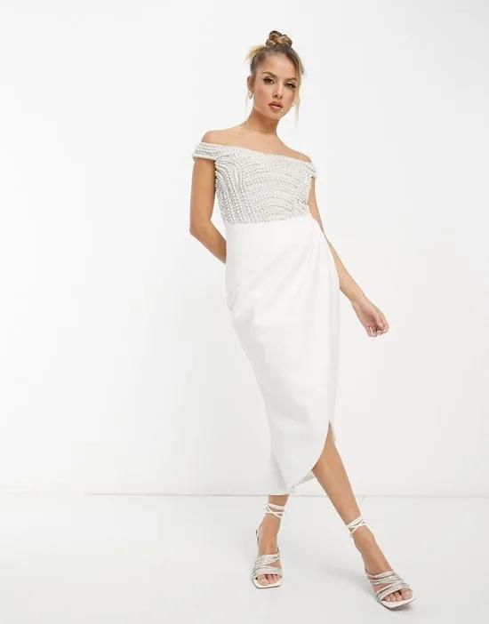 pearl embellished off shoulder wrap midi dress in white