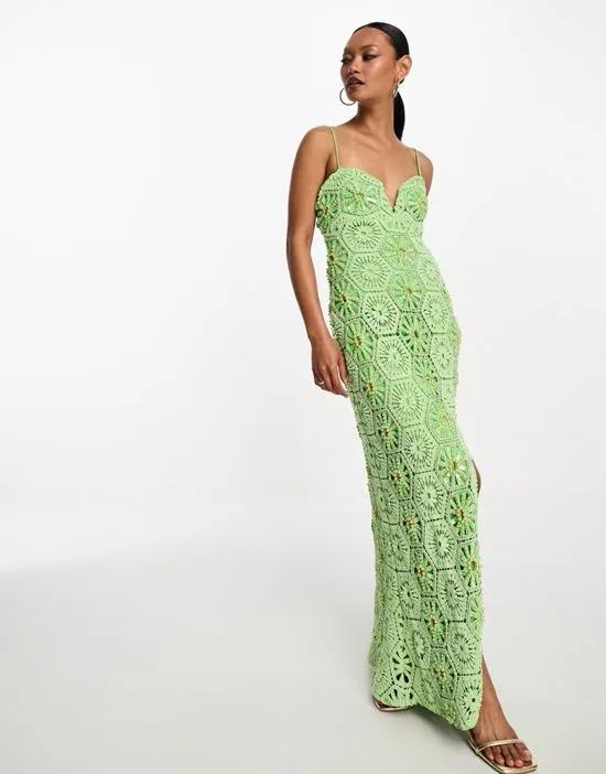 pearl embellished sweetheart neck crochet maxi dress with split in bright green