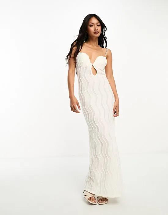 pearl trim lace maxi dress in white