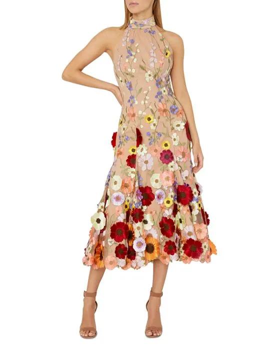 Penelope 3D Flower Halter Midi Dress