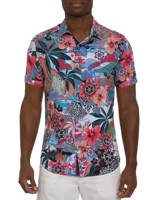 Pennisula Abstract Tropical Floral Print Classic Fit Button Down Shirt
