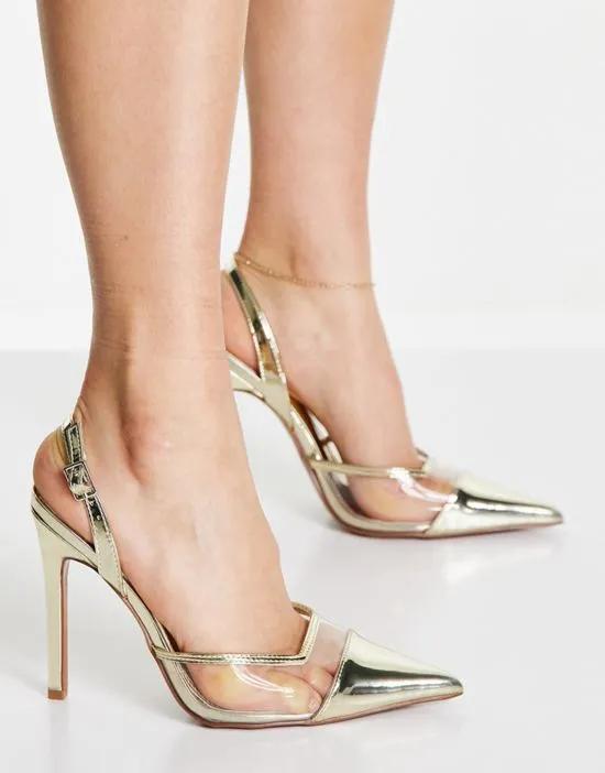 Peridot slingback high heeled shoes in clear and gold