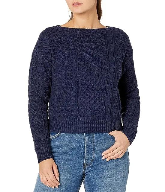 Petite Aran-Knit Cotton Boatneck Sweater