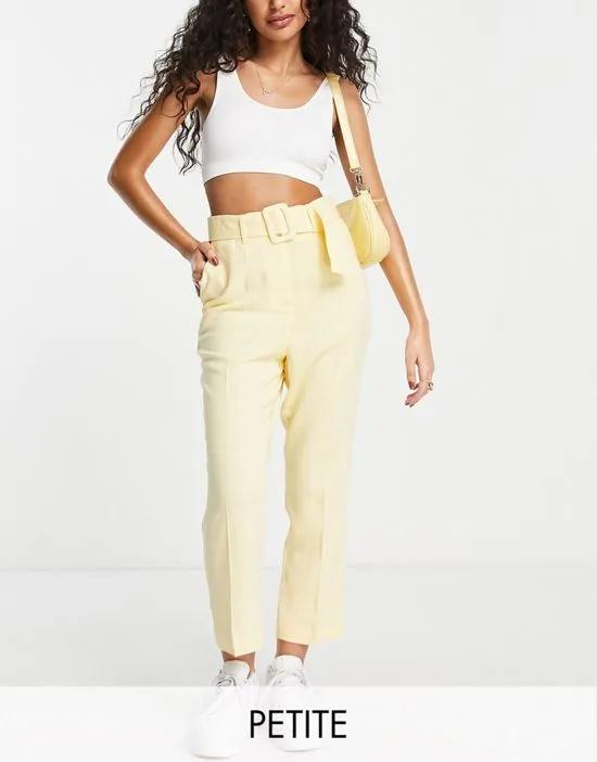 Petite belted tapered leg linen blend pants in yellow