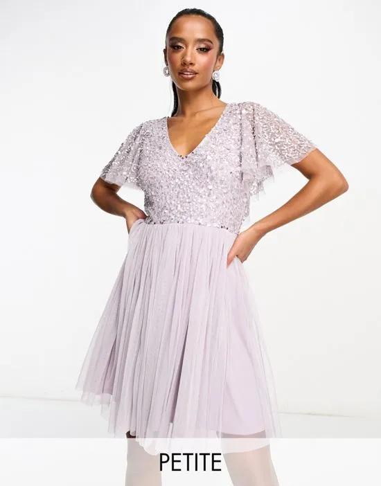 Petite Bridesmaid embellished mini dress with flutter detail in lilac