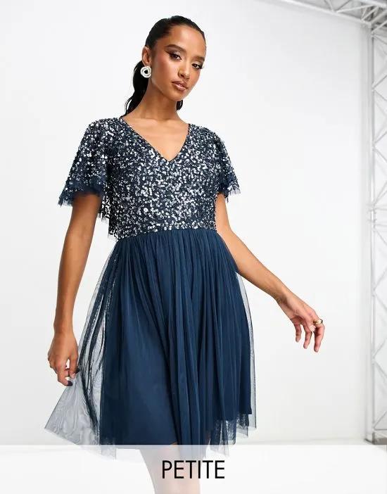 Petite Bridesmaid embellished mini dress with flutter detail in navy