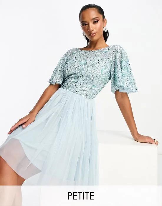 Petite Bridesmaid embellished mini dress with open back detail in ice blue