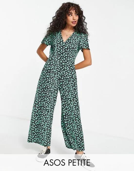Petite bubble short sleeve tea culotte jumpsuit in black and green floral
