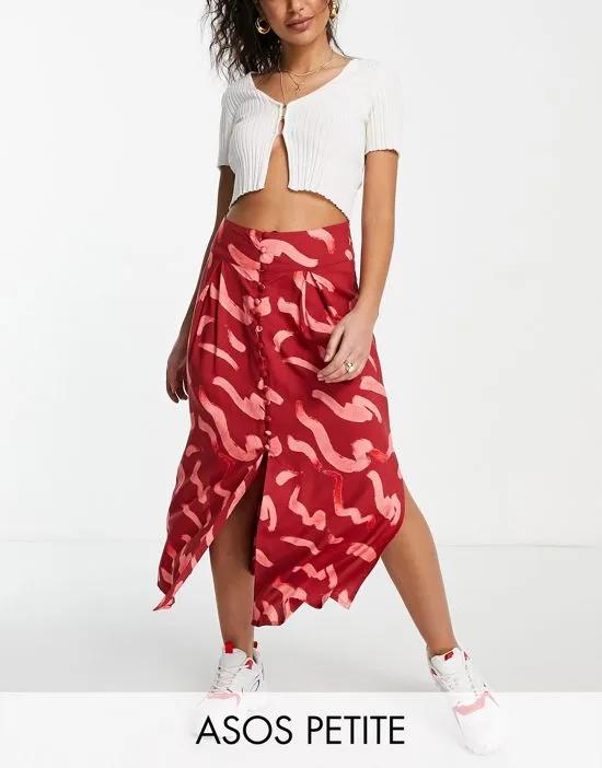 Petite button through midi skirt with split in pink smudge print