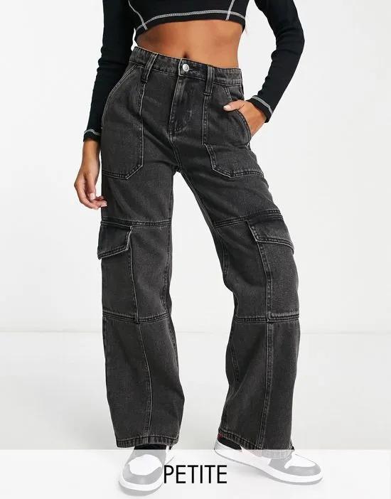 Petite cargo wide leg jeans in black