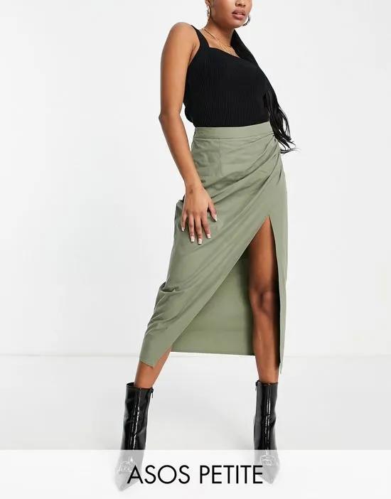 Petite cotton midi skirt with side ruched split in khaki