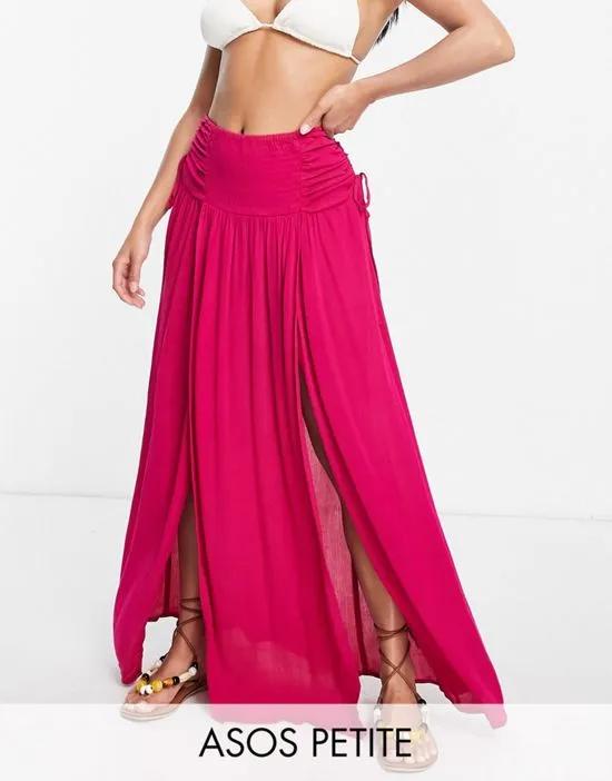 Petite crinkle shirred waist maxi skirt with ruched sides in hot pink