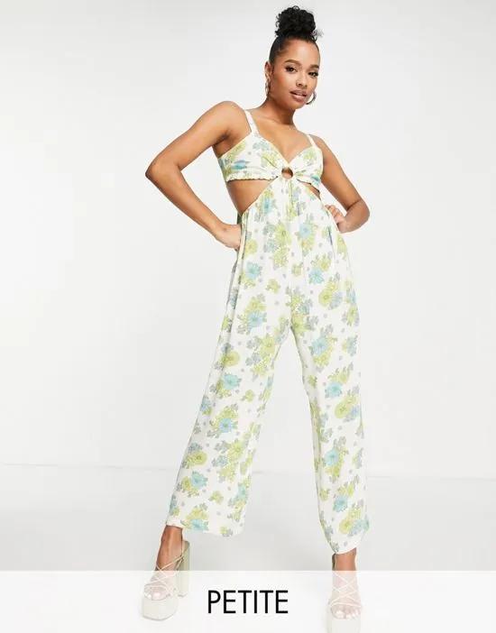 Petite cut out wide leg strappy jumpsuit in green floral