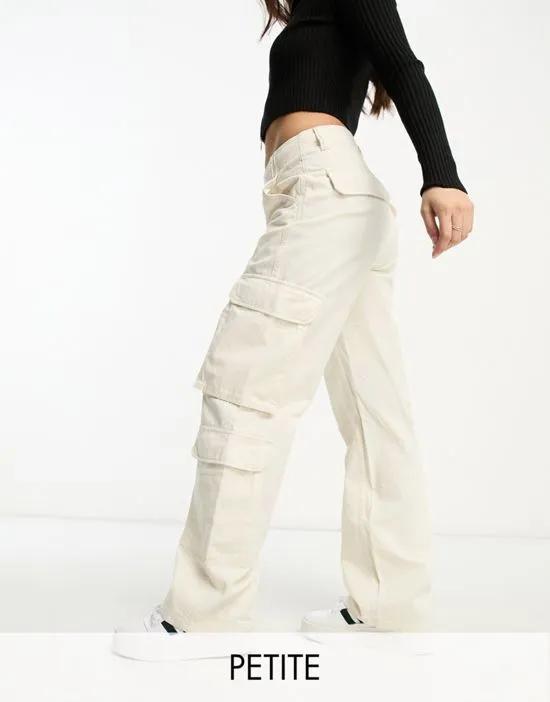 Petite drawstring waist cargo pants in white