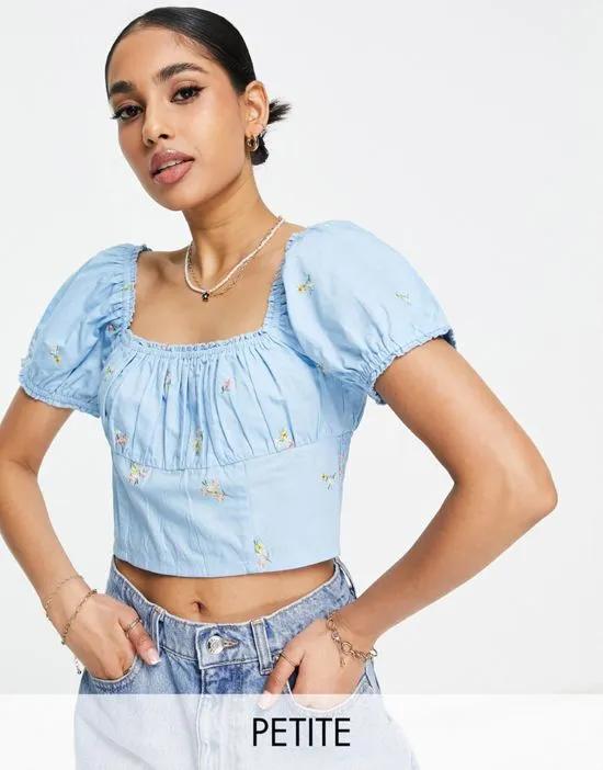 Petite embroidered gathered crop top in blue