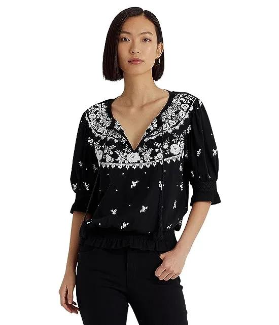 Petite Embroidered Jersey Tie Neck Top