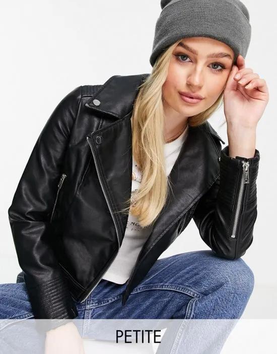 Petite faux leather biker jacket in black