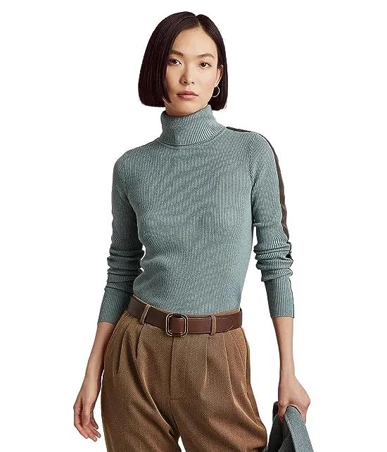 Petite Faux-Leather-Trim Turtleneck Sweater