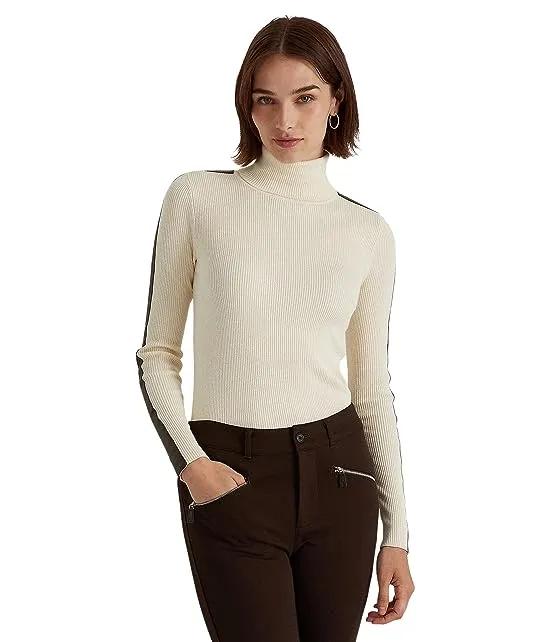 Petite Faux-Leather-Trim Turtleneck Sweater