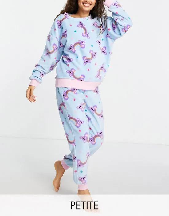 Petite fleece pajama set in rainbow koala print