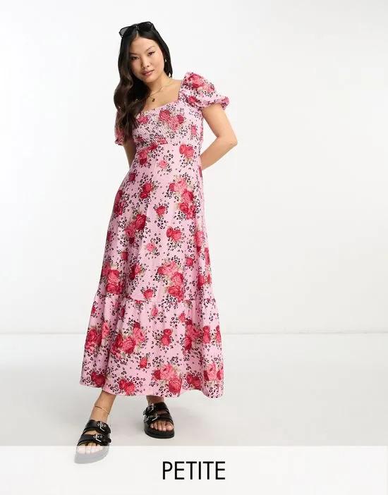 Petite floral short puff sleeve shirred tie back maxi dress in pink