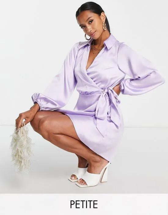 Petite going out satin wrap shirt dress in lilac
