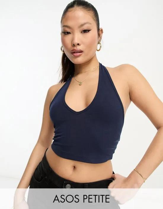 Petite halter neck crop top in navy