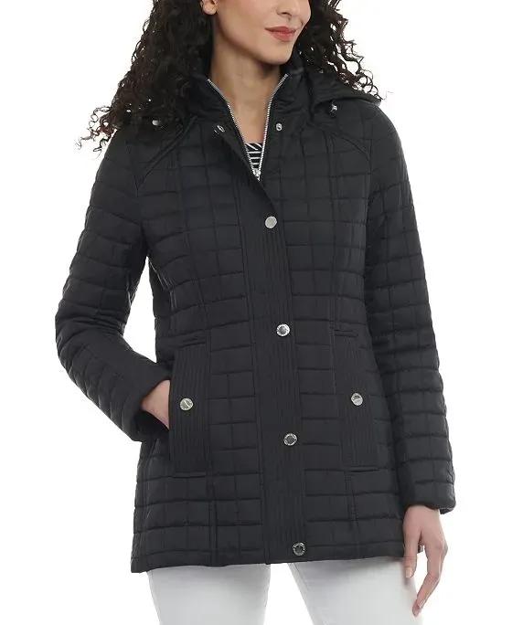 Petite Hooded Stand-Collar Box Quilted Coat