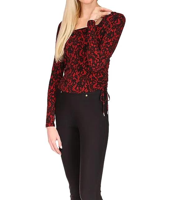 Petite Lace Square Neck Ruched Long Sleeve Top