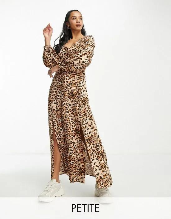 Petite long sleeve button through maxi dress in leopard