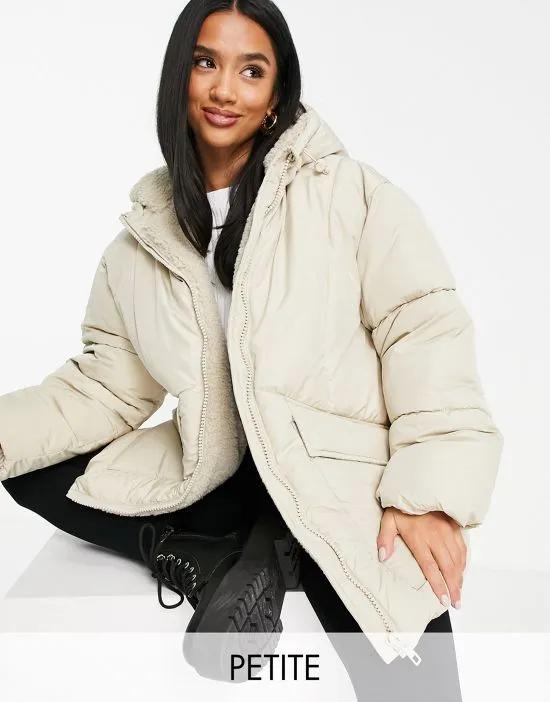 Petite mid length puffer jacket with sherpa lined hood in off white