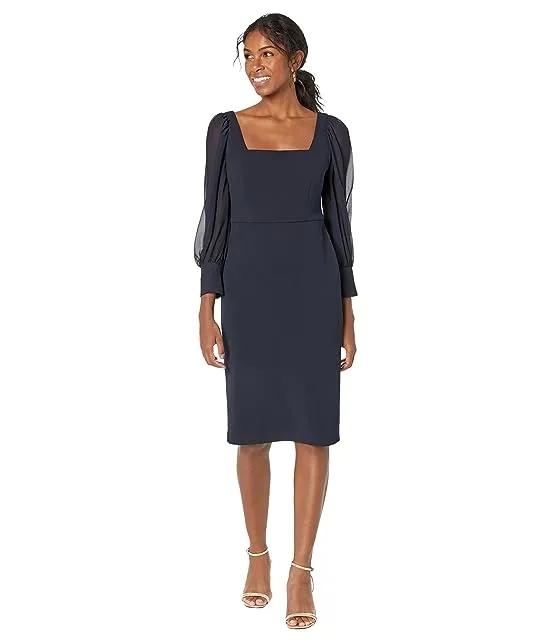 Petite Midi Dress with Square Neck and Sheer Puff Sleeves