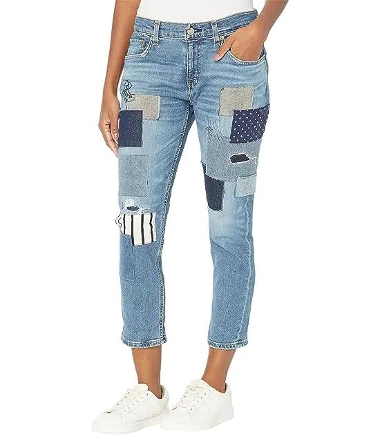 Petite Patchwork Relaxed Tapered Ankle Jeans in Tinted Sapphire Wash