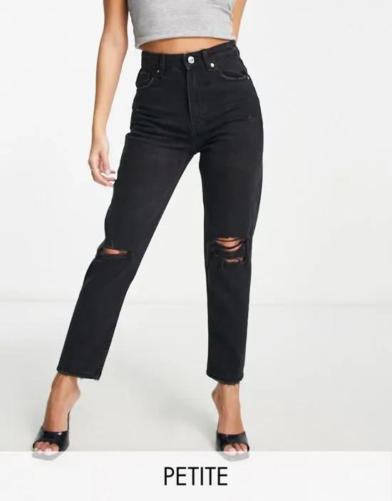 Petite ripped detail mom jeans in black
