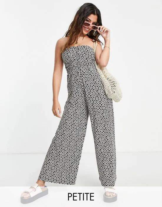 Petite ruched bandeau jumpsuit in mono daisy